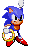 Six pixelated Sonic the Hedgehog poses with yellow rings, blue fur, red shoes, and white gloves on a gray background.