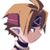 Pixelated anime-style character head with brown hair and purple eye covering, wearing pink face mask and black-and-white striped collar on white background.