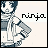 Pixelated character with dark hair and blue-gray clothing stands in a side pose, hand on hip, with 'ninja' text below.