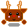 Pixel art reindeer with brown body, light brown antlers, and red nose; left view shows open eyes and pink cheeks, right view shows closed eyes.