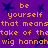 Purple background with dark blue star shapes and orange pixelated text repeating 'be yourself that means take of the wig hannah' in a pattern
