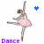 Animated sequence of a ballerina in pink tutu performing ballet poses with changing text and dotted outlines.