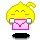 Yellow pixelated character with closed eyes and orange cheeks holds pink envelope; second frame shows open envelope, red heart symbols above head, and smiling mouth.