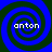 Four identical spiral patterns arranged in a , each containing the text 'anton' in white pixelated font against blue and dark green spirals