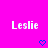 Two identical pixelated text displays of 'Leslie' on a bright pink background with blue heart symbols below each text.