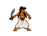 Pixel art character in white pants and brown top performing six distinct poses with sword, cloth, and motion effects on gray background.