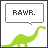 Pixelated green dinosaur with long neck and tail, standing below a gray speech bubble containing text.