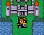 Pixelated character with brown hair and blue eyes stands on green grass holding a sword and yellow shield, positioned below castle towers with orange flames.