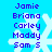 Pixelated blue background with white snowflakes and purple text listing names in two