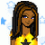 Pixelated cartoon character with long brown hair and yellow top next to blue-bordered text box reading "CUTE" on white background with light blue stars.