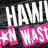 A static image of a person's face with repeated text overlays in pink and black, featuring partial phrases like 'HANNY', 'WAST', 'TOMY HAWK', and 'AMERICAN WASTE' across the composition.