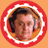 Three circular orange icons with red borders show a person's face, abstract swirls, and stylized text on an orange background.