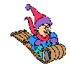 A cartoon character in a red and purple hat rides a wooden sled, showing sequential facial expressions from neutral to smiling.