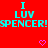 Red background with cyan text reading "I LUV SPENCER!" repeated three times horizontally, pink heart symbols between
