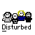 Pixelated icon shows three figures with white faces and black outlines, one in blue shirt; text below reads Disturbed. Animation changes facial expressions of the central figure.