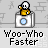 Pixelated character in yellow outfit atop white box with blue circle, waving with one arm raised, text below reads "Woo-Who Faster" on gray background with faint symbols.