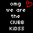 Black background with white pixelated text reading 'omg we are the CIUBB KIDSS' and a red heart symbol above 'omg'.
