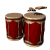 Animated contact sheet of 12 frames showing a pair of red conga drums with beige drumheads and gold trim, each frame depicting slight variations in the position of two wooden drumsticks above the drums.