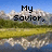 Pixelated landscape with mountains, lake reflection, and green fields under blue sky; text fragments appear across four