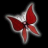 A pixelated red and white star-shaped icon with four rounded points against a black background.