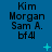 Blue background with repeated text "Kim Morgan Sam A. bf4" and animated cyan symbols changing across frames.