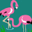 Pixelated image of two pink flamingos standing in shallow water against a teal background with green reeds.