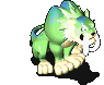 Green and blue pixelated creature with white fangs, light brown paws, and a curled tail in various poses against gray background.