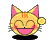 Pixel art cat face icon with two animation frames showing closed eyes and open mouth expressions on a gray background.
