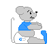 Gray mouse in blue shirt and white diaper sits on a chair, with visible text 'G' on the diaper.