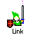 Pixel art character with green hat and tunic, white face, holding sword and shield, with pink and blue particle effects above the sword.