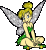 Pixelated fairy with blonde hair in a bun, green dress, and silver wings sits cross-legged against gray background.