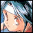 A pixelated anime-style character face with light blue hair and a white headband, next to stylized text on a black background.