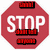 A red octagonal stop sign with white text and three red digital-style banners, next to a blue pixelated background with four horizontal blue-and-red text blocks.