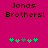 Pixelated text 'Jonas Brothers!' in dark brown on bright pink background with green and gray puzzle-piece shapes below.