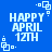 Blue background with white pixelated text reading 'HAPPY APRIL 12TH' and small square-dot patterns in four corners.
