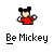 Pixelated cartoon character in red shirt with black mouse ears and white gloves, below text reading "Be Mickey" on gray background.