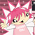 Pixelated character with pink hair and white cat ears, wearing a pink top, holding a yellow object against a maroon background.