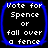Four identical blue-outlined square icons with black backgrounds display white pixelated text reading "Vote for Spence or fall over a fence" in four lines.