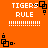 Orange background with white text "TIGERS RULE" and dotted lines, featuring black square-based pixel art elements in two distinct configurations.