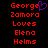 Red pixelated text on black background reads George Zamora Loves Elena Helms with a purple heart symbol replacing the 'o' in George.