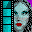 Pixelated filmstrip border with cyan and purple frames, three identical female faces in top , six smaller photos below showing various people and animals