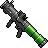 Pixelated object resembling a rocket launcher with dark gray metallic body and green cylindrical section, angled diagonally against plain gray background.