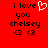 Red background with black pixelated text reading 'i love you chelsey' and two heart symbols, one heart symbol animates from white to black.