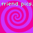 Four identical spiral patterns in pink and purple with green text reading 'friend pics.' repeated across the top and bottom.