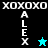 Four display 'XOXO' text above vertical 'ALEX' with a star symbol, showing color variations and star icon changes