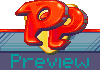 Pixelated red 'P' with yellow highlights and dark outlines, positioned above a blue grid background with teal text reading "Preview" on a purple bar.