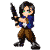 Pixel art character with dark hair and green eyes in blue shirt, brown pants, black boots holding various weapons