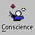 Pixel art icon of a blue-shirted figure with white head, holding red and yellow objects above its head, under text reading 'Conscience' in gray background.