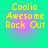 Yellow pixelated text 'Coolio Awesome Rock Out' on a gradient background with cyan and pink hues.