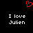 Red pixelated heart symbol above white text reading "I love Julien" repeated twice on black background.